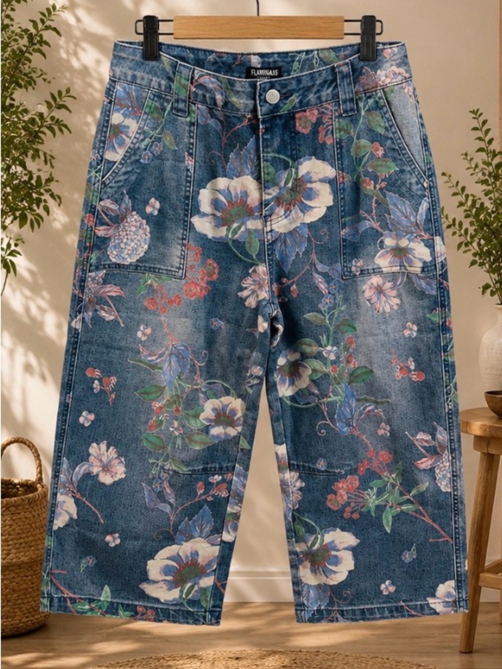 FLAMINGALS  Floral Print Denim Culottes - Blue Sz 2XL WAIST 19’